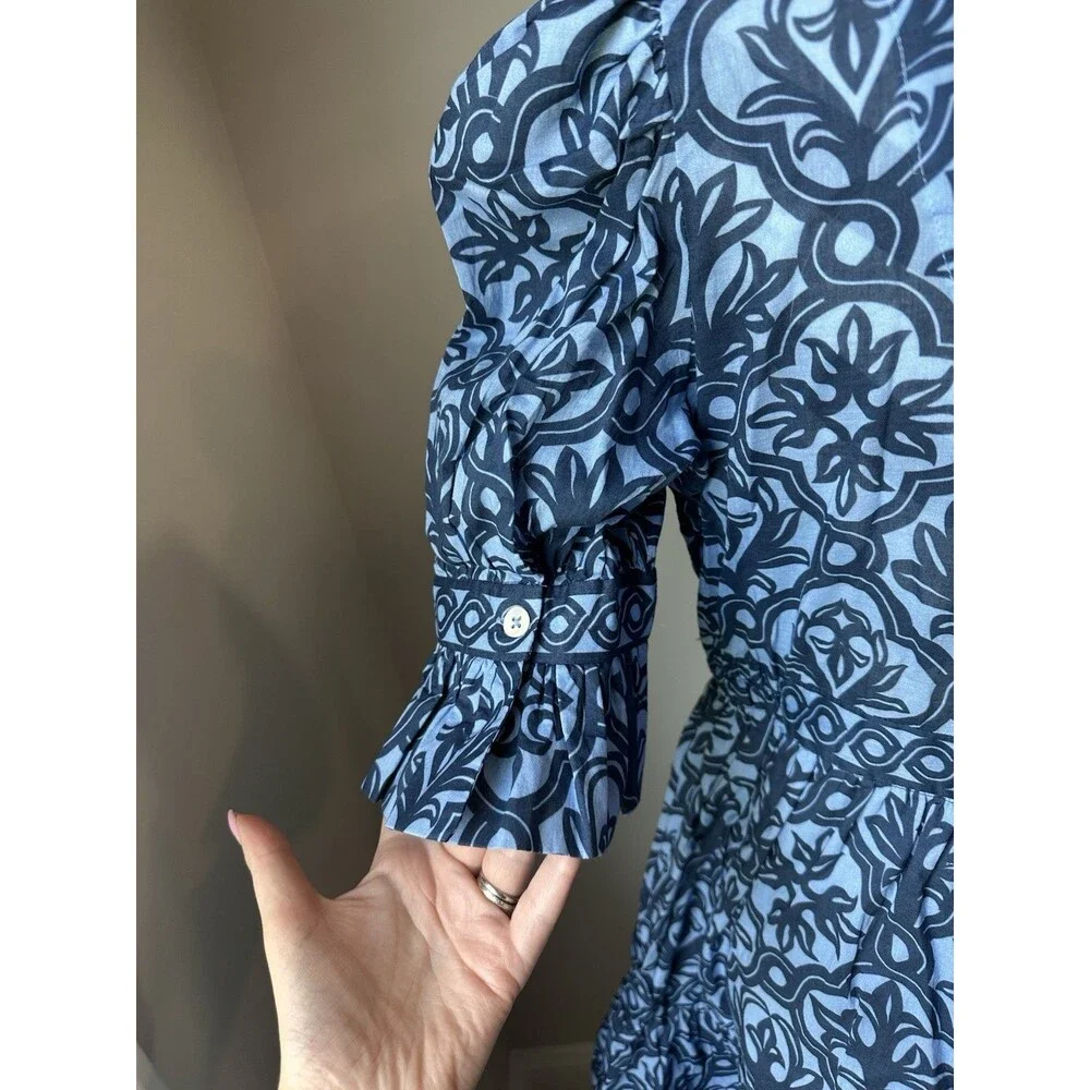 Gretchen Scott Blue Medallion Cotton Puff Sleeve Split Neck Mini Dress Small